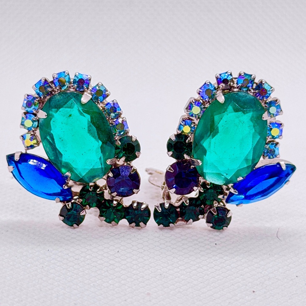 Verified Juliana D&E‎ Green Blue Rhinestone Clip On Earrings Vintage Stunning